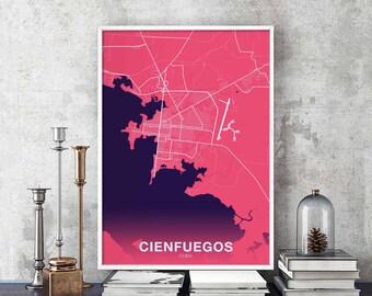 CIENFUEGOS Cuba map poster color Hometown City Print Modern Home Decor Office Decoration Wall Art Dorm Bedroom Gift