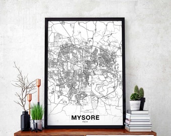 MYSORE India map poster black white Hometown City Print Modern Home Decor Office Decoration Wall Art Dorm Bedroom Gift