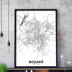 BOUAKE Côte d'ivoire carte affiche noir blanc ville natale ville impression moderne décor à la maison bureau décoration mur art dortoir chambre cadeau
