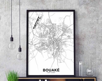 BOUAKE Ivory Coast map poster black white Hometown City Print Modern Home Decor Office Decoration Wall Art Dorm Bedroom Gift