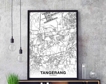 TANGERANG Indonesia map poster black white Hometown City Print Modern Home Decor Office Decoration Wall Art Dorm Bedroom Gift