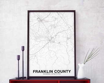 FRANKLIN COUNTY Tennessee TN map poster black white  Hometown City Print Modern Home Decor Office Decoration Wall Art Dorm Bedroom Gift