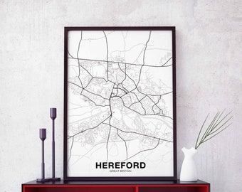 HEREFORD Great Britain UK map poster black white Hometown City Print Modern Home Decor Office Decoration Wall Art Dorm Bedroom Gift