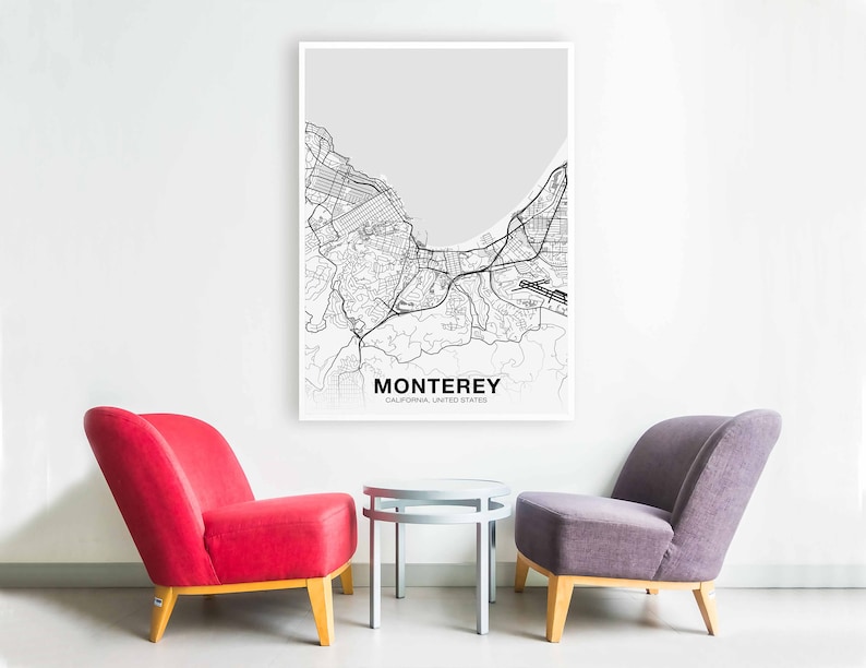 MONTEREY California CA USA map poster black white Hometown City Print Modern Home Decor Office Decoration Wall Art Dorm Bedroom Gift