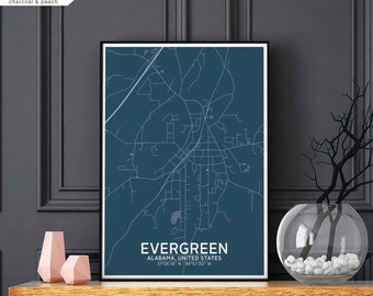 EVERGREEN Alabama USA map poster black white Hometown City Print Modern Home Decor Office Decoration Wall Art Dorm Bedroom Gift