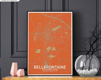 BELLEFONTAINE Ohio USA map poster black white Hometown City Print Modern Home Decor Office Decoration Wall Art Dorm Bedroom Gift