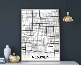 OAK PARK Illinois IL usa map poster black white  Hometown City Print Modern Home Decor Office Decoration Wall Art Dorm Bedroom Gift