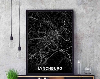 LYNCHBURG Virginia VA USA map poster black white Hometown City Print Modern Home Decor Office Decoration Wall Art Dorm Bedroom Gift