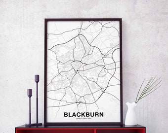 BLACKBURN Great Britain UK map poster black white Hometown City Print Modern Home Decor Office Decoration Wall Art Dorm Bedroom Gift
