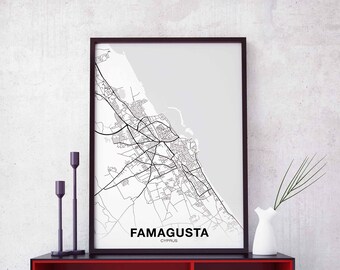FAMAGUSTA Cyprus map poster black white  Hometown City Print Modern Home Decor Office Decoration Wall Art Dorm Bedroom Gift