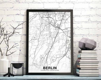 BERLIN Connecticut CT usa map poster black white Hometown City Print Modern Home Decor Office Decoration Wall Art Dorm Bedroom Gift