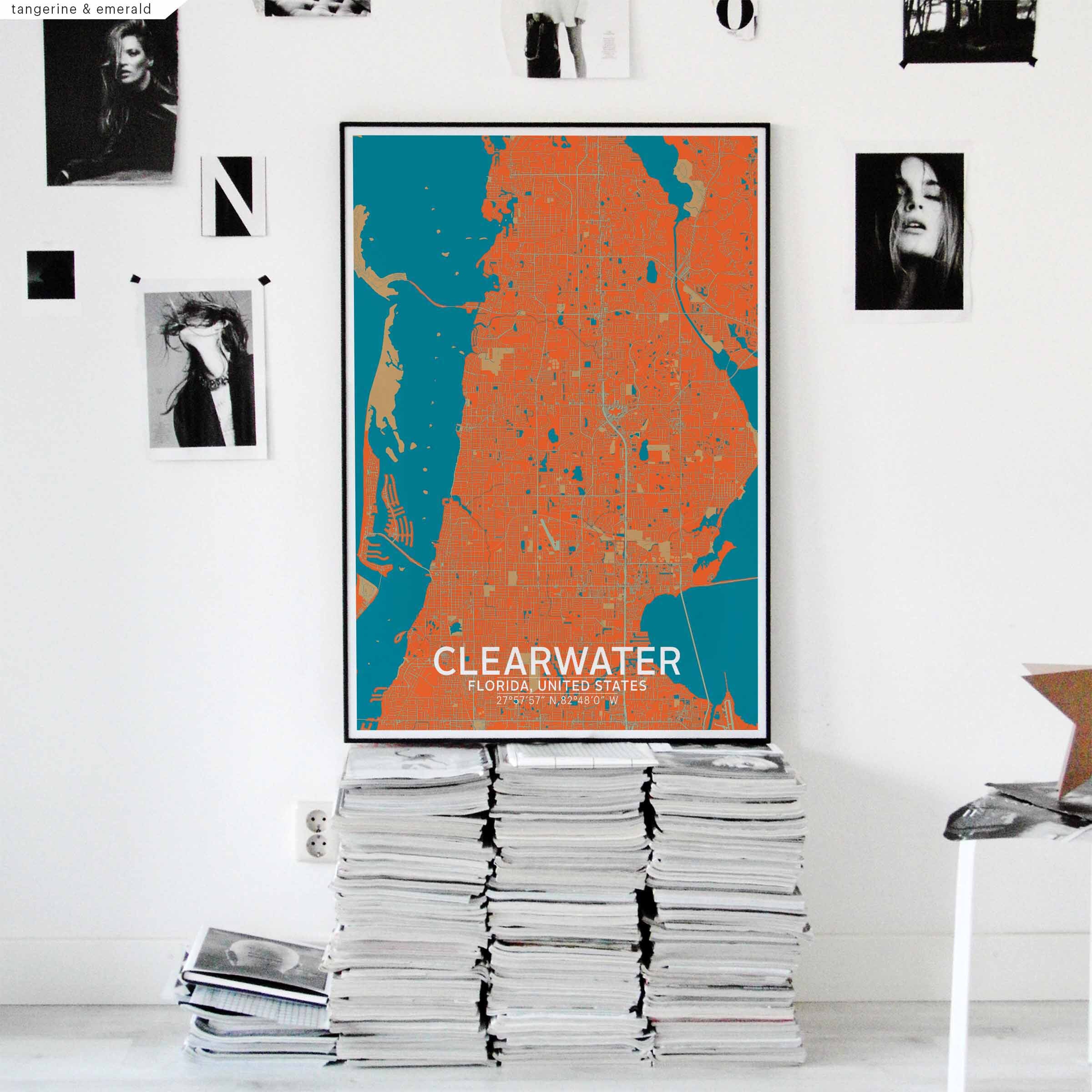 Clearwater Florida Usa Map Poster Black White Wall Decor Design