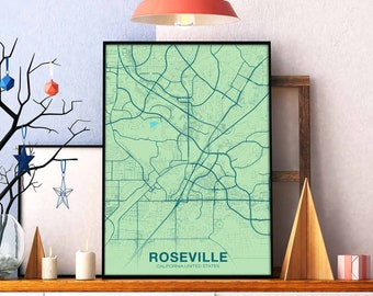 ROSEVILLE California CA USA map poster color Hometown City Print Modern Home Decor Office Decoration Wall Art Dorm Bedroom Gift