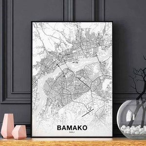 BAMAKO Mali carte affiche noir blanc ville natale ville impression moderne décor à la maison bureau décoration mur art dortoir chambre cadeau