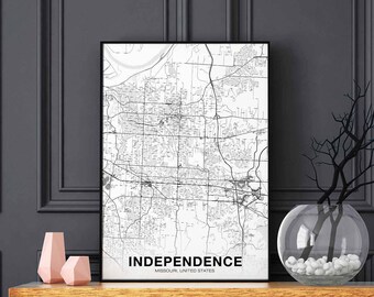 INDEPENDENCE Missouri MO USA map poster black white Hometown City Print Modern Home Decor Office Decoration Wall Art Dorm Bedroom Gift