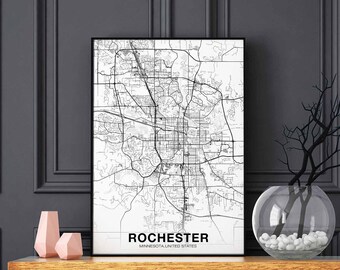 ROCHESTER Minnesota MN usa map poster black white Hometown City Print Modern Home Decor Office Decoration Wall Art Dorm Bedroom Gift