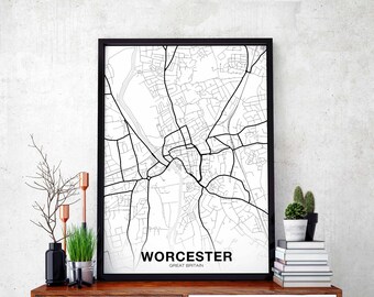 WORCESTER England Great Britain map poster black white Hometown City Print Modern Home Decor Office Decoration Wall Art Dorm Bedroom Gift