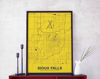 SIOUX FALLS South Dakota SD usa map poster color Hometown City Print Modern Home Decor Office Decoration Wall Art Dorm Bedroom Gift