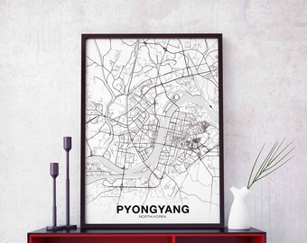 PYONGYANG North Korea map poster black white Hometown City Print Modern Home Decor Office Decoration Wall Art Dorm Bedroom Gift