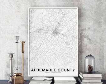 ALBEMARLE COUNTY Virginia VA usa map poster black white  Hometown City Print Modern Home Decor Office Decoration Wall Art Dorm Bedroom Gift