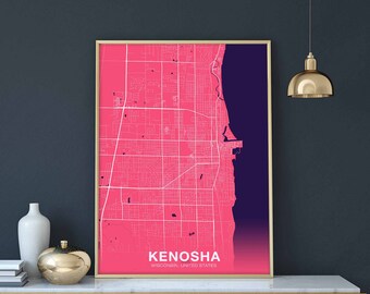 KENOSHA Wisconsin WI USA map poster color Hometown City Print Modern Home Decor Office Decoration Wall Art Dorm Bedroom Gift