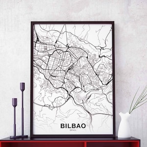 BILBAO Spanien Karte Poster schwarz weiß Heimatstadt Stadt Print Modernes Wohndekor Büro Dekoration Wand Kunst Wohnheim Schlafzimmer Geschenk