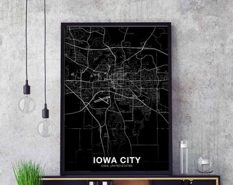 IOWA CITY Iowa IA usa map poster black white Hometown City Print Modern Home Decor Office Decoration Wall Art Dorm Bedroom Gift