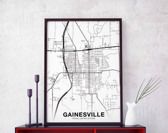 GAINESVILLE Texas TX usa map poster black white Hometown City Print Modern Home Decor Office Decoration Wall Art Dorm Bedroom Gift