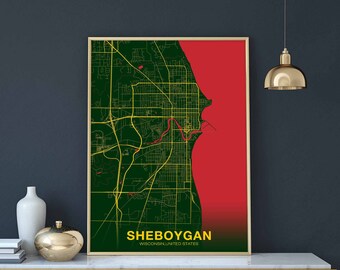 SHEBOYGAN Wisconsin WI USA map poster color Hometown City Print Modern Home Decor Office Decoration Wall Art Dorm Bedroom Gift