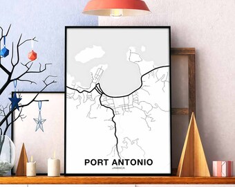 PORT ANTONIO Jamaica map poster black white Hometown City Print Modern Home Decor Office Decoration Wall Art Dorm Bedroom Gift