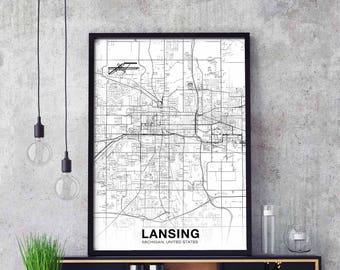 LANSING Michigan MI USA map poster black white Hometown City Print Modern Home Decor Office Decoration Wall Art Dorm Bedroom Gift