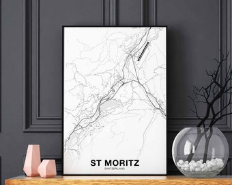 ST MORITZ Switzerland map poster black white Hometown City Print Modern Home Decor Office Decoration Wall Art Dorm Bedroom Gift