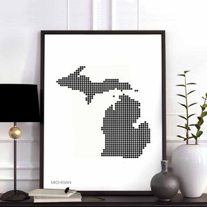 MICHIGAN US State Landkarte mit Punkten, Landkarte, moderne Kunst, skandinavisch, schwarzweiß, Einweihungsparty