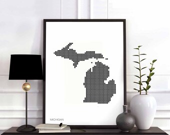 MICHIGAN US state minimal dots retro map poster black white wall decor design modern swiss scandinavian nordic housewarming travel