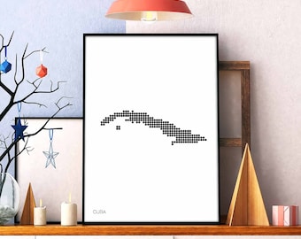 CUBA minimal dots retro map poster black white wall decor design modern swiss scandinavian nordic housewarming travel