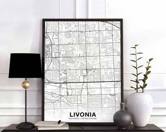 LIVONIA Michigan MI USA map poster black white  Hometown City Print Modern Home Decor Office Decoration Wall Art Dorm Bedroom Gift
