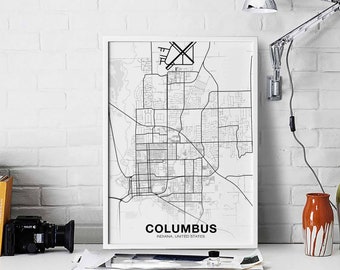 COLUMBUS Indiana IN USA map poster black white Hometown City Print Modern Home Decor Office Decoration Wall Art Dorm Bedroom Gift