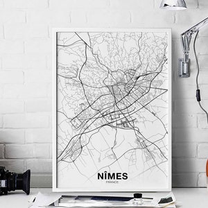NIMES France carte affiche noir blanc ville natale ville impression moderne décor à la maison bureau décoration mur art dortoir chambre cadeau