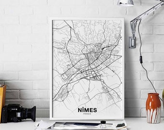NIMES France map poster black white Hometown City Print Modern Home Decor Office Decoration Wall Art Dorm Bedroom Gift