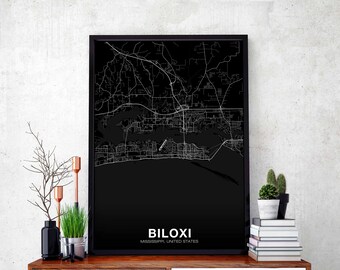 BILOXI Mississippi MS USA map poster black white Hometown City Print Modern Home Decor Office Decoration Wall Art Dorm Bedroom Gift