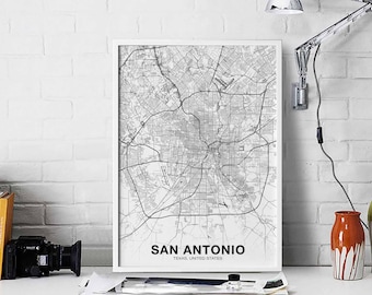 SAN ANTONIO Texas TX usa map poster black white Hometown City Print Modern Home Decor Office Decoration Wall Art Dorm Bedroom Gift