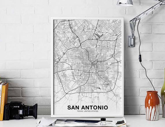 San Antonio Texas Tx Usa Map Poster Black White Wall Decor Etsy