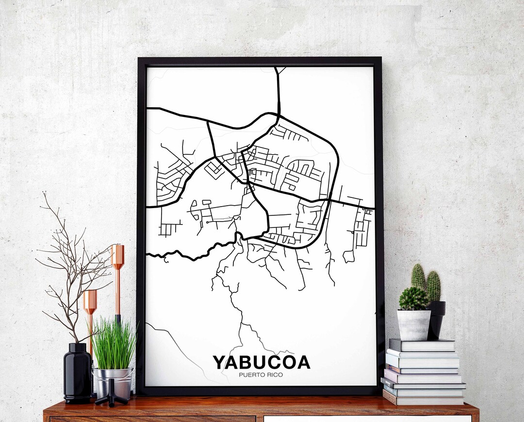 YABUCOA Puerto Rico Map Poster Black White Hometown City Print Modern Home Decor Office