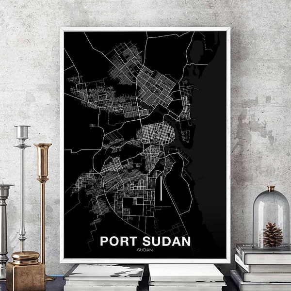 PORT SUDAN Soedan kaart poster zwart wit Hometown City Print Modern Home Decor Office Decoratie Wall Art Dorm Slaapkamer Gift