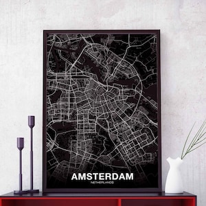 AMSTERDAM pays-bas carte affiche noir blanc ville natale ville impression moderne décor à la maison bureau décoration mur art dortoir chambre cadeau