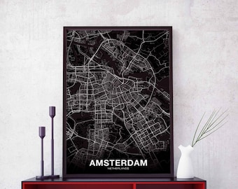 AMSTERDAM Netherlands map poster black white Hometown City Print Modern Home Decor Office Decoration Wall Art Dorm Bedroom Gift