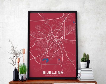 BIJELJINA Bosnia & Herzegovina map poster color Hometown City Print Modern Home Decor Office Decoration Wall Art Dorm Bedroom Gift
