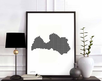 LATVIA minimal dots retro map poster black white wall decor design modern swiss scandinavian nordic housewarming travel