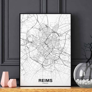 REIMS France carte affiche noir blanc ville natale ville impression moderne décor à la maison bureau décoration mur art dortoir chambre cadeau
