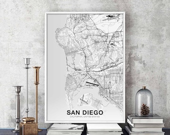 SAN DIEGO California CA usa map poster black white Hometown City Print Modern Home Decor Office Decoration Wall Art Dorm Bedroom Gift